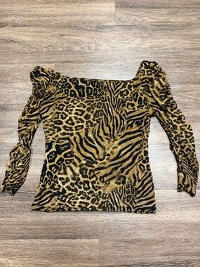 Off-the-Shoulder Animal Print Sweater in Tan/Black